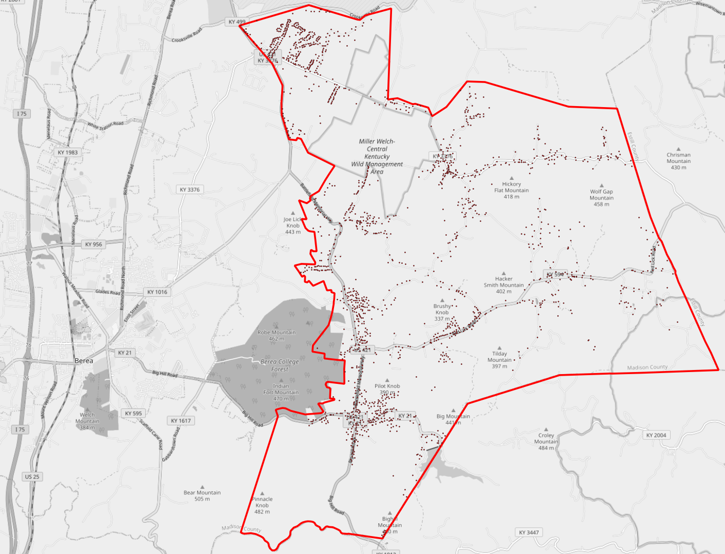 Red Lick Fire District with dots indicating homes.
