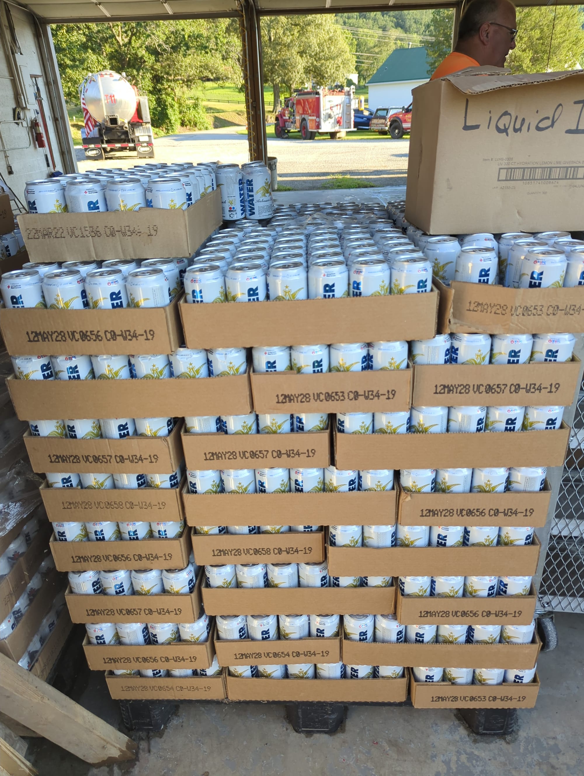 A pallet of water donated by Anheuser-Busch.