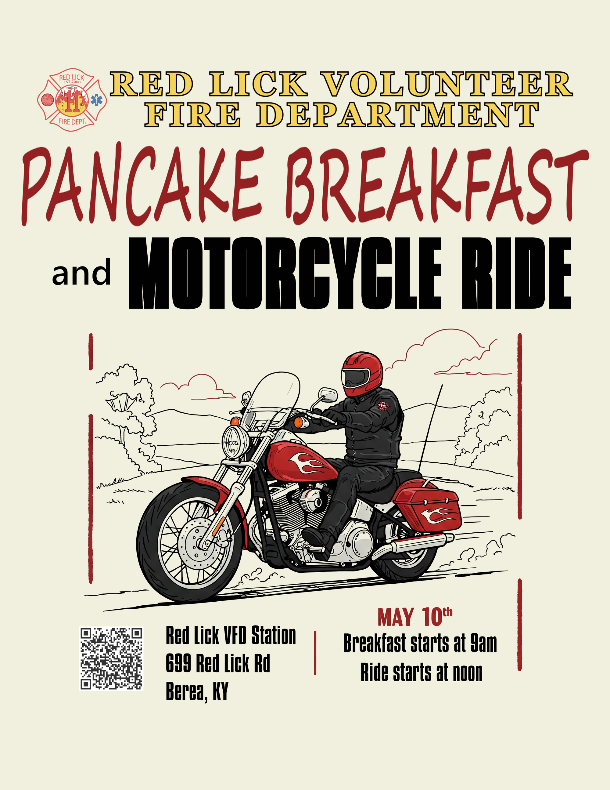 Pancake Breakfast and Motorcycle Ride Fundraiser on May 10th.